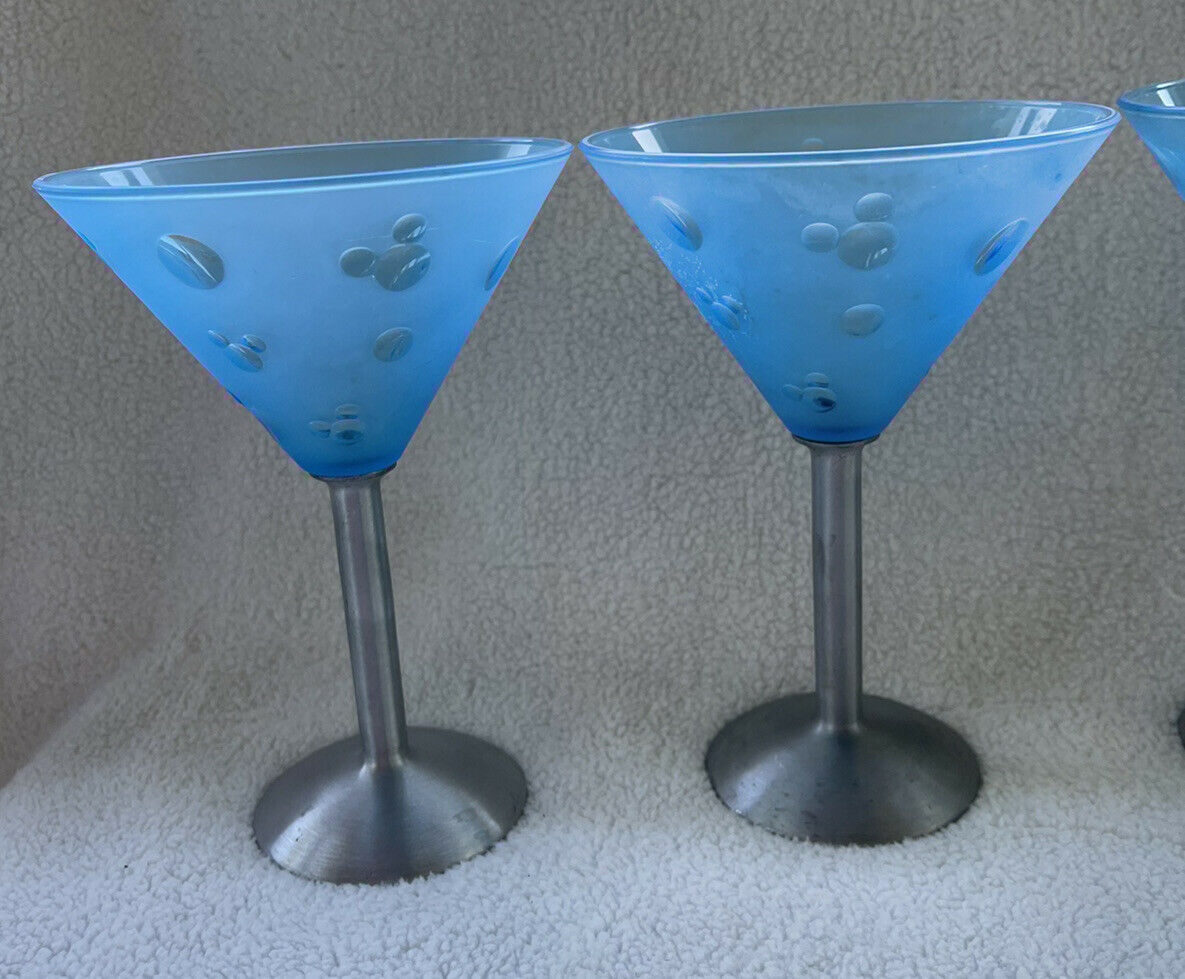 3 Mickey Mouse Martini Glasses Plastic Etched Cups Blue Metal Stem/Foot
