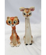 Vintage Deer Bambi Doe &amp; Tiger Long Tall Salt Pepper Shakers Japan - $42.13