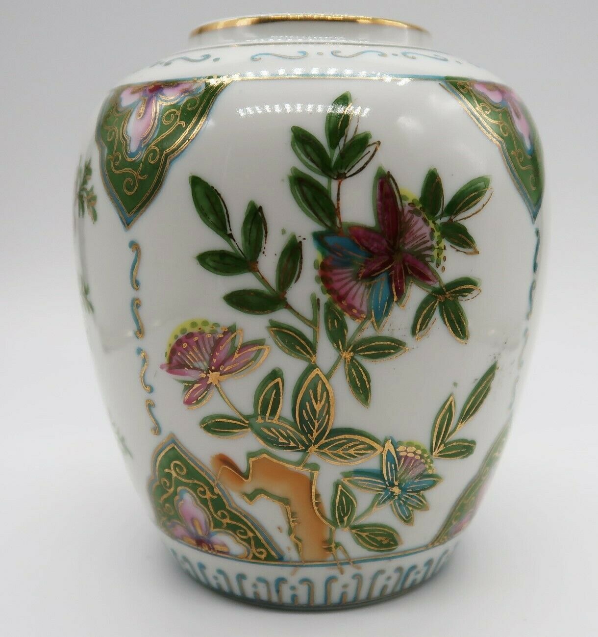 Vintage LJ Japan ginger jar style vase Art Nouveau floral pattern