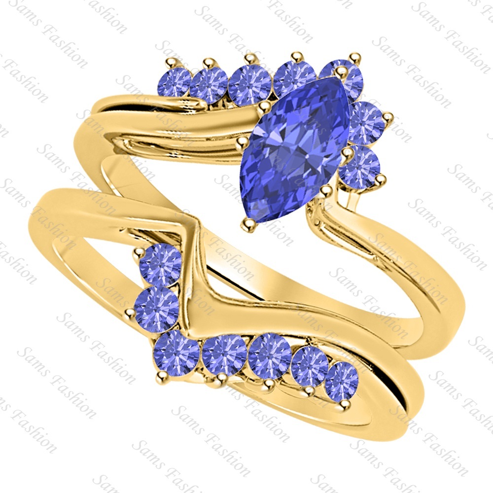 2Ct Yellow Gold Over .924 Sterling Silver Marquise Cut Tanzanite Ring For Women