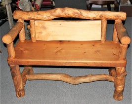 Cedar Log Bench with Carved Bobcat and Mountains on Backrest, One of a Kind - $850.00