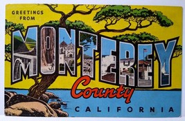 Greetings From Monterey California Large Letter Linen Postcard Lake Tree... - $17.72