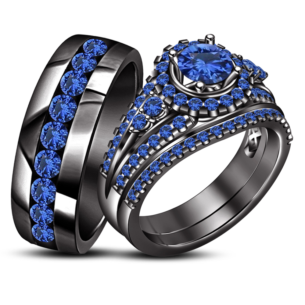 His & Her 14k Black Gold Plated 925 Silver Trio Ring Set Round Cut Blue ...