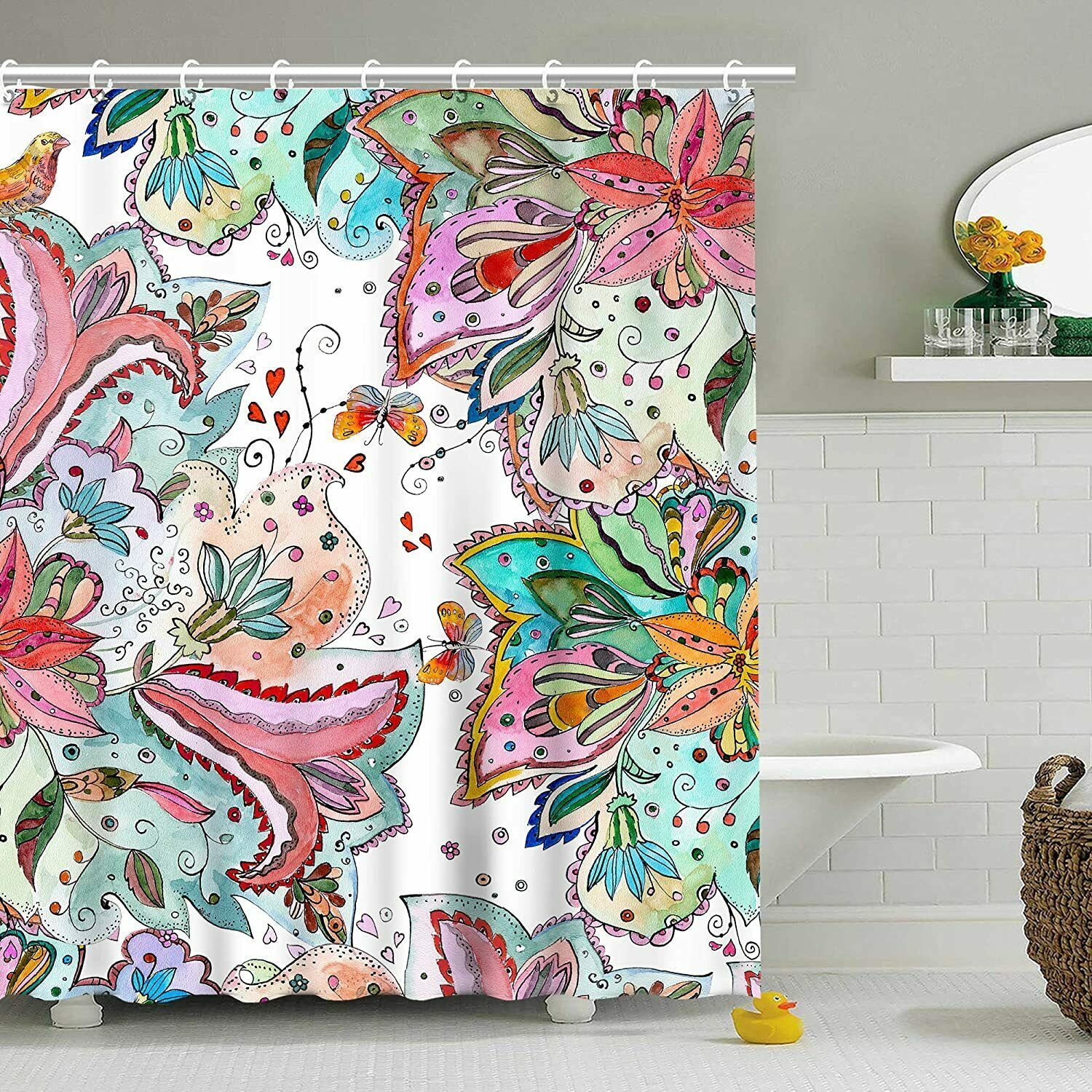 Colorful Boho Shabby Chic Hip Floral Farmhouse Fabric Shower Curtain