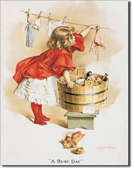 Ivory Soap Little Girl Washing Doll Clothes "A Busy Day" Metal Sign - $19.95