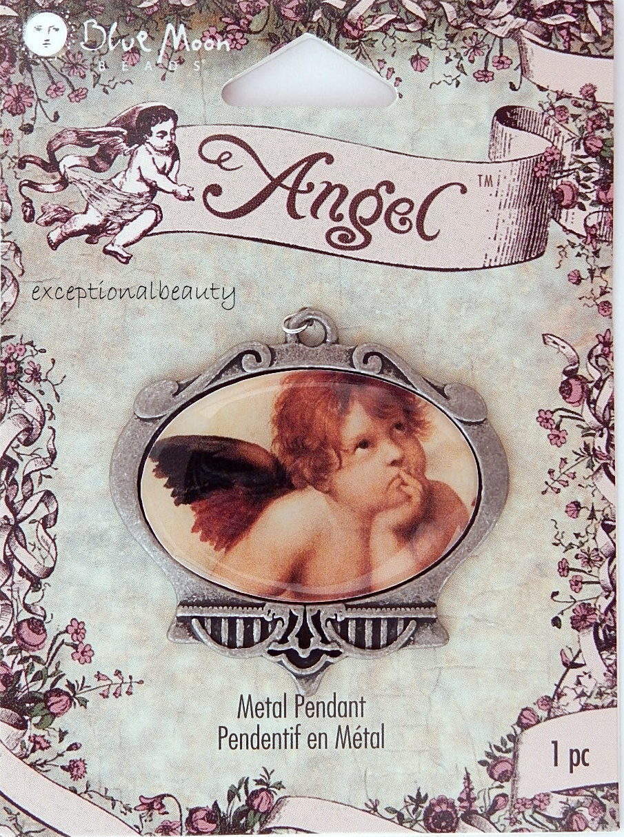 Cherub Angel Altered Art Bead Drop Antiqued Brushed Nickel Oval Focal Pendent