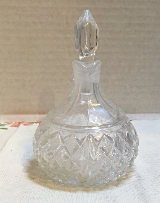 Vintage Small Pressed Glass Cruet with Stopper Diamond Pattern Etched