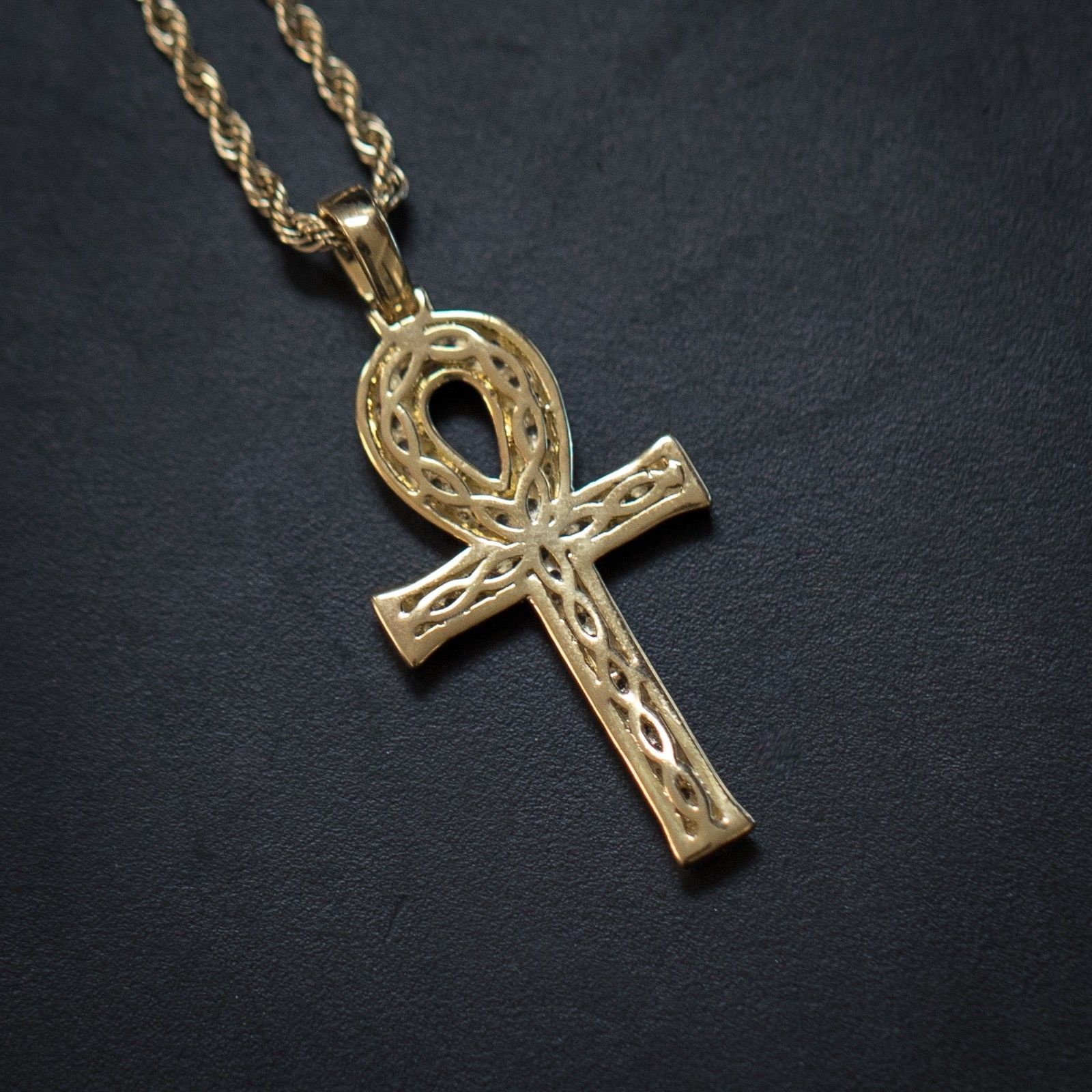 Men's 14k Gold Plated Ankh Cross Pendant Charm Necklace with Lab ...