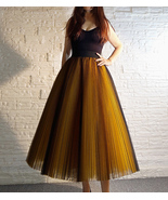 Women A Line Midi Tulle Skirt Outfit Black Yellow High Waist Full Pleate... - $158.39