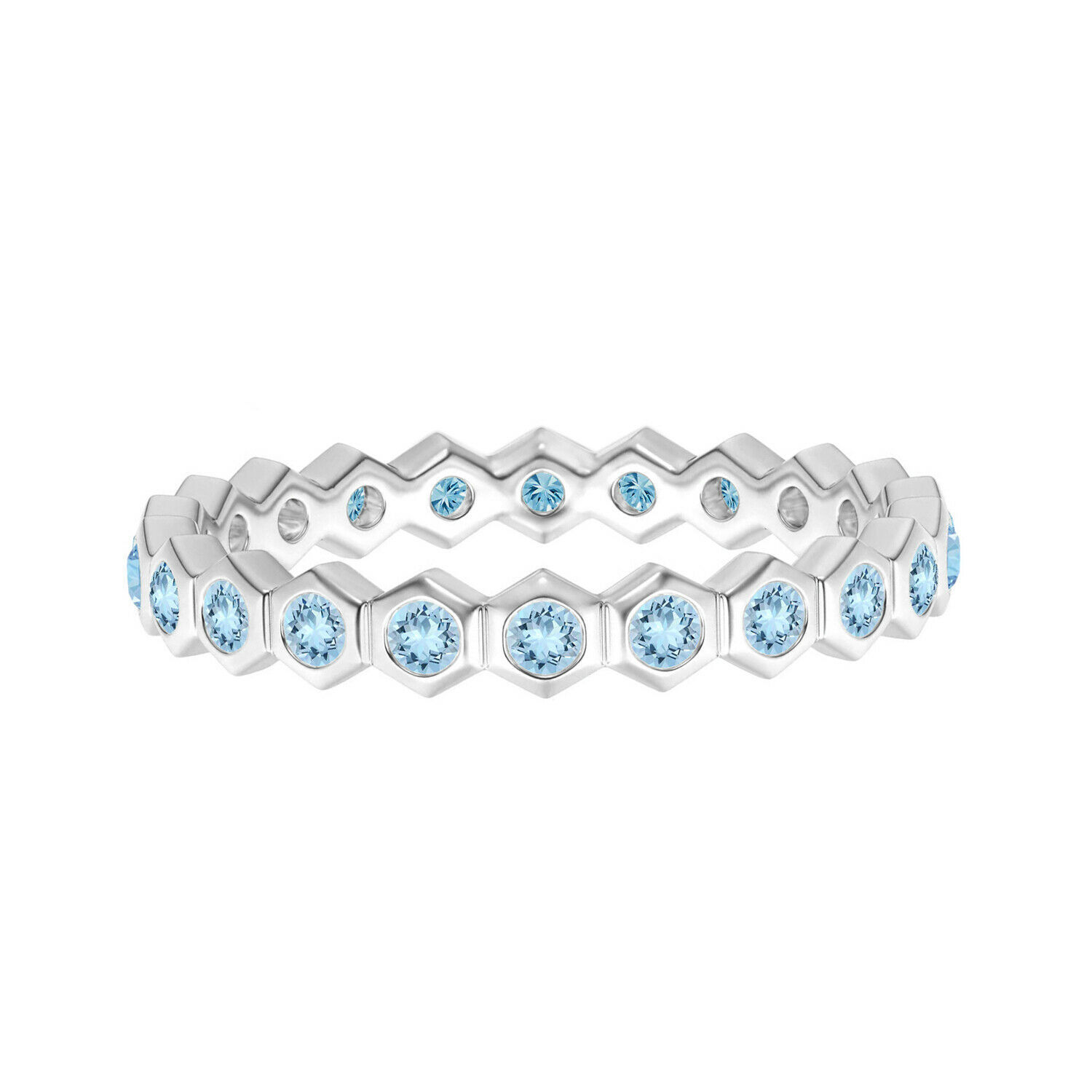 0.03 Cts Hexagonal Aquamarine Ring and Eternity Band in 10K White Gold
