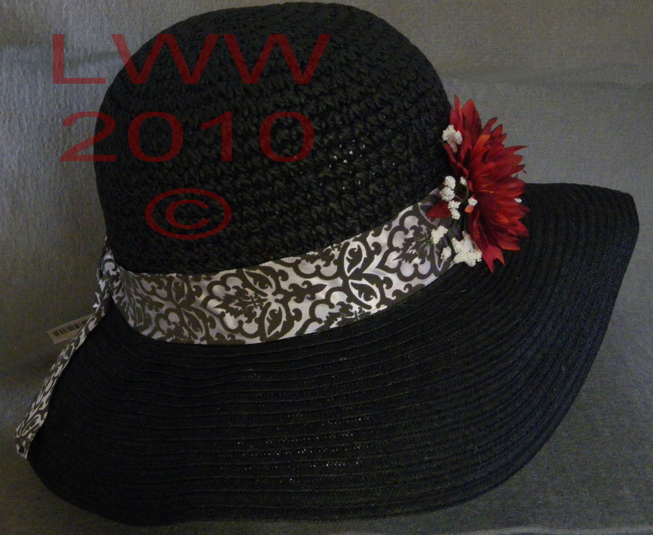 Gothic Black Ladies Floppy Straw Sun Hat With Filigree Flower - Goth