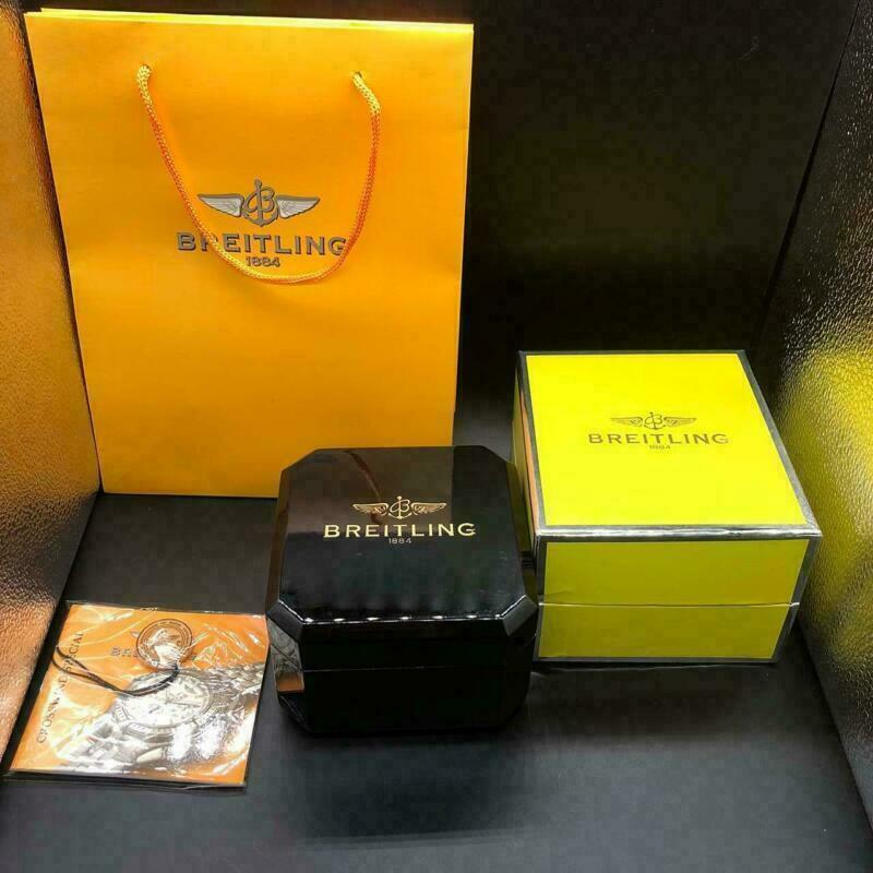 BREITLING Watch Box Black Case Genuine Leather Bakelite Booklet Card Yellow Bag