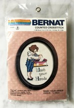Vintage 1983 Bernat Wash Your Hands Counted Cross Stitch Kit-Oval Frame Included - $9.45
