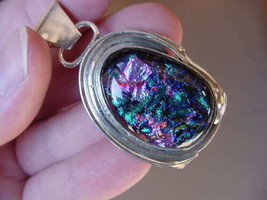 (#D-311) Dichroic Fused Glass Silver Pendant Pink Green Blue Sky - $84.14