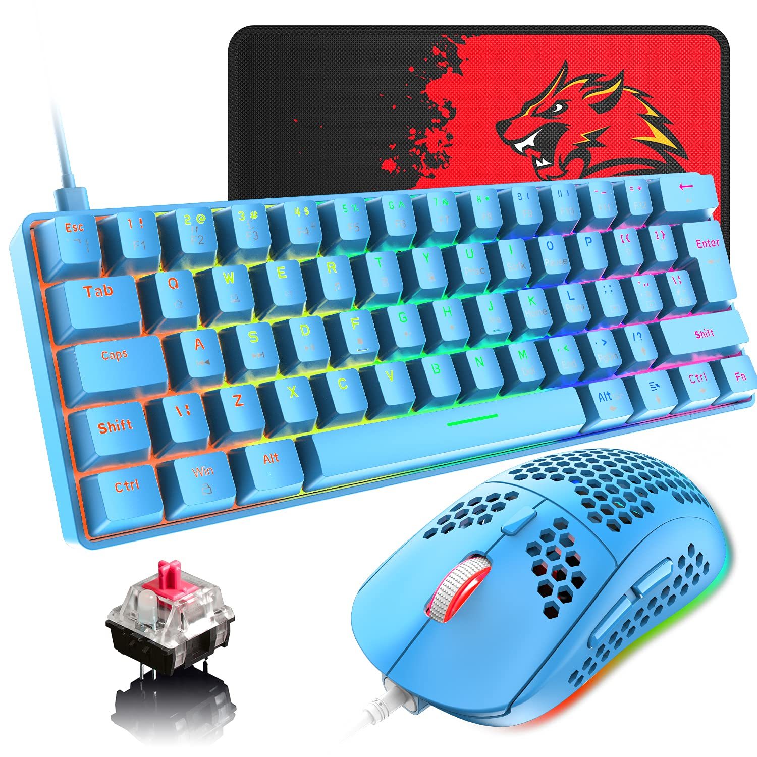 60% Wired Mechanical Gaming Keyboard And Mouse Combo, Ultra-Compact Mini 62 Keys