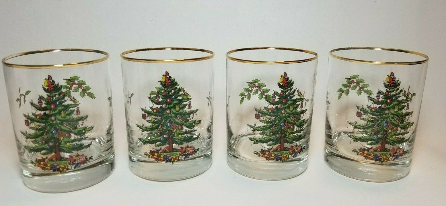 Spode Christmas Tree Double Old Fashioned Glasses in Box Gold Rim Set