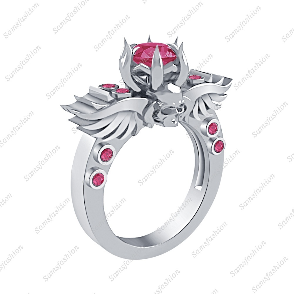 Lovely Winged Skull 14K White Gp 925 Silver Ruby Solitaire Engagement Ring