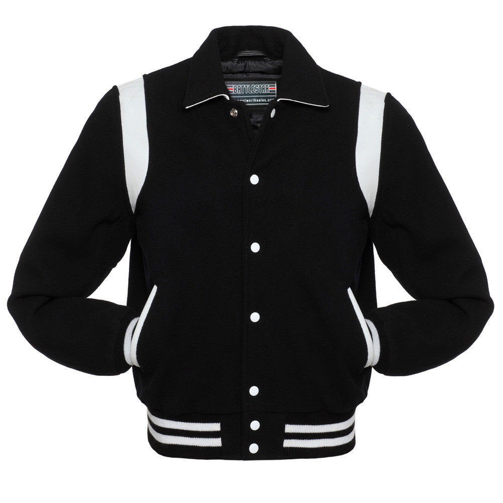 BLACK Wool Shirt/ Byron collar Varsity Letterman BOMBER BASEBALL Jacket