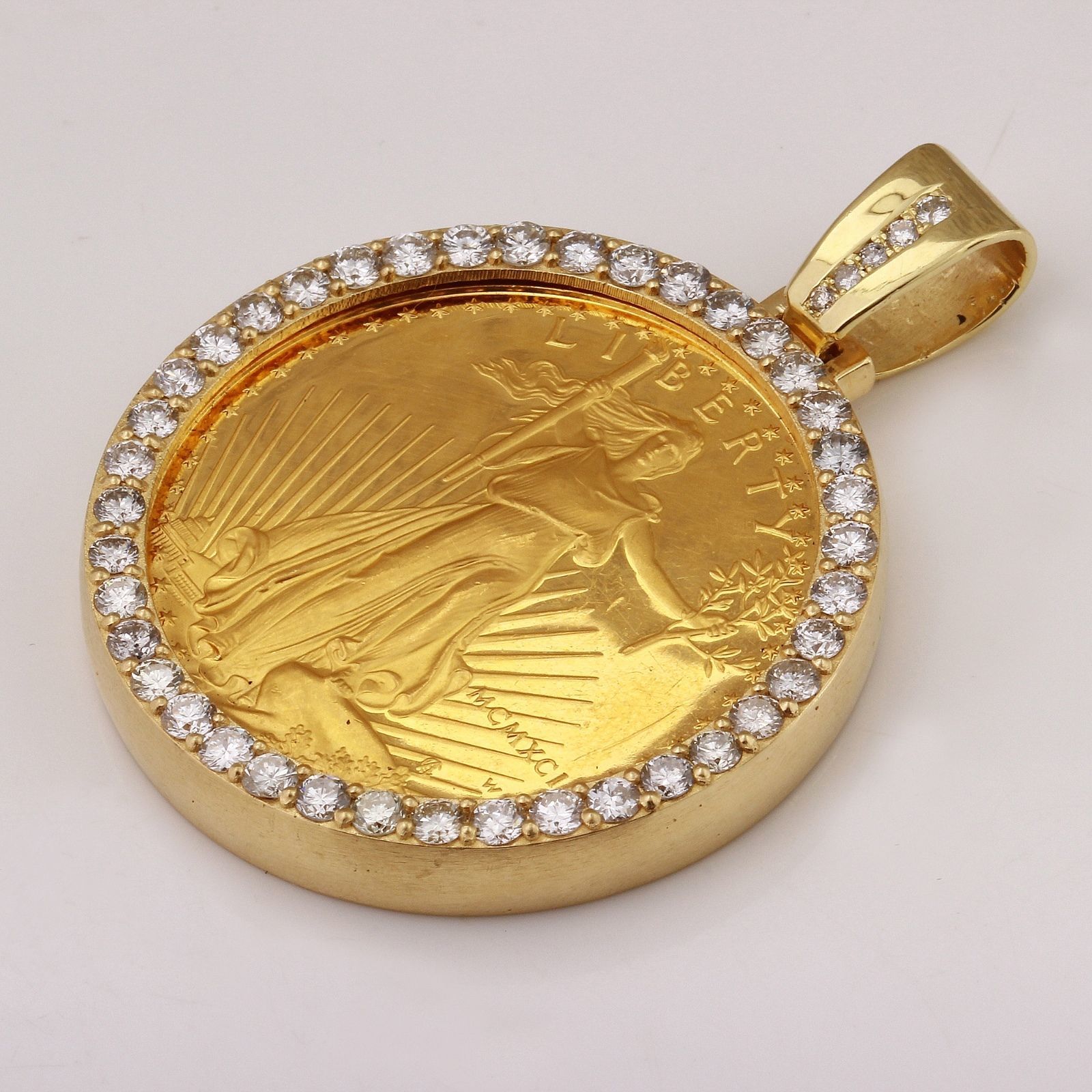 1991 1 Oz Gold American Eagle Bu (mcmxci) & 3.30ct Diamond Coin Pendant 