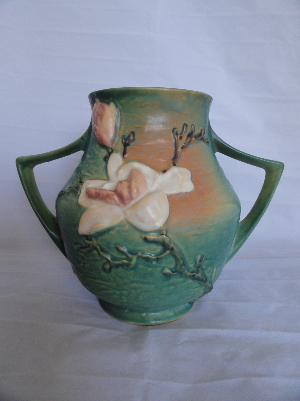 Vintage Roseville American Art Pottery Green Magnolia Double Handle