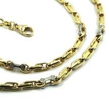18K YELLOW WHITE GOLD CHAIN 4mm ALTERNATE 4+1 OVAL AND WHITE BIKE LINK 50cm 20" image 2