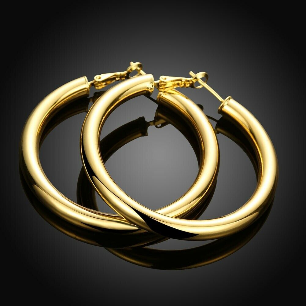 18K Gold Plated Classic Very Large Fashion 5mm Thick Tube Hoop Earrings