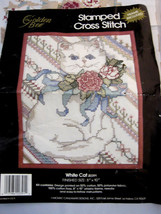 Golden Bee Picture Counted Cross Stitch Kit White Cat 8&quot; X 10&quot; Pink Flowers - $10.99