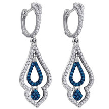 10k White Gold Womens Round Blue Color Enhanced Diamond Spade Dangle Earrings - $559.00