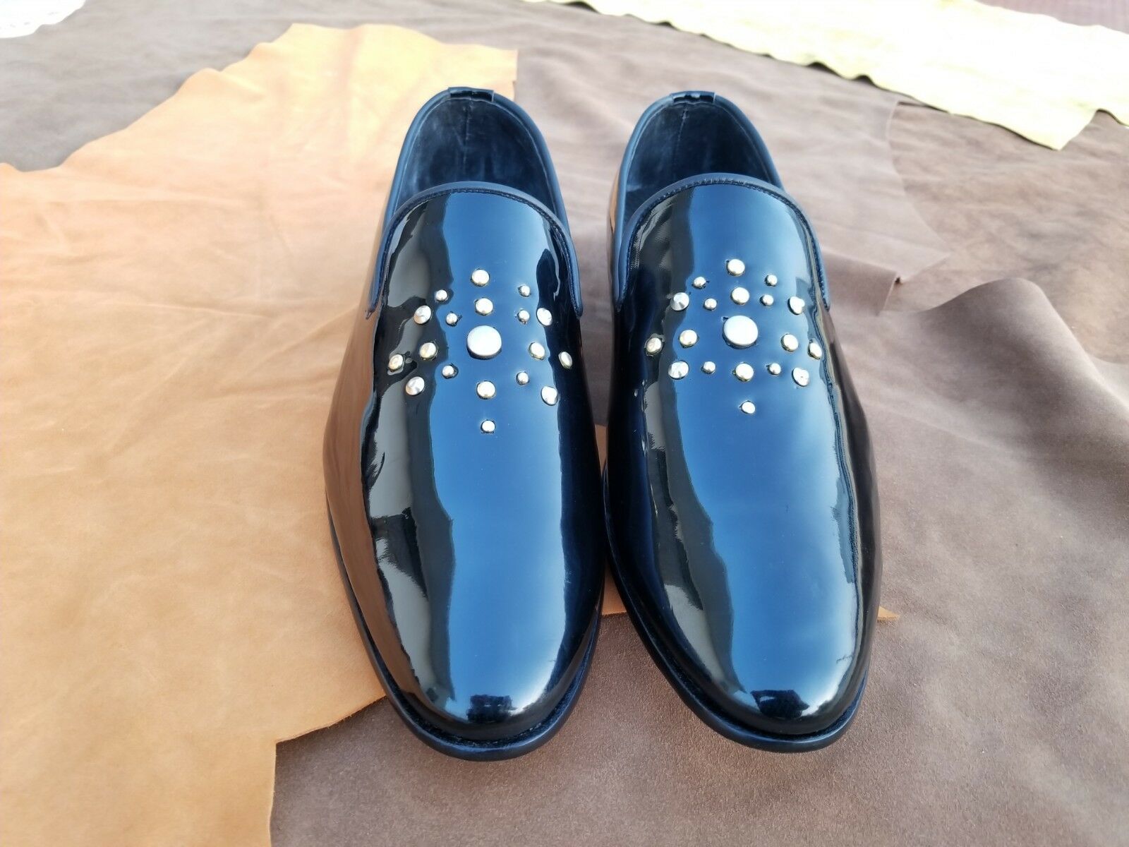 Handmade Men's Genuine Black Patent Leather Moccasins Tuxedo Wedding Party Shoes