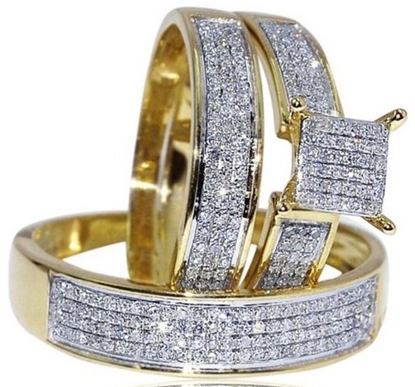 Round CZ 14k Yellow Gold  Fn 925 Silver His Her Trio 