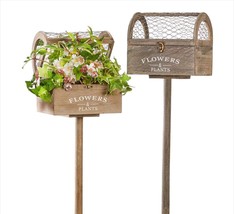 Box Planter Stakes Wooden Garden Set of 2 with Wire Mesh Tops 36" High Herbs 