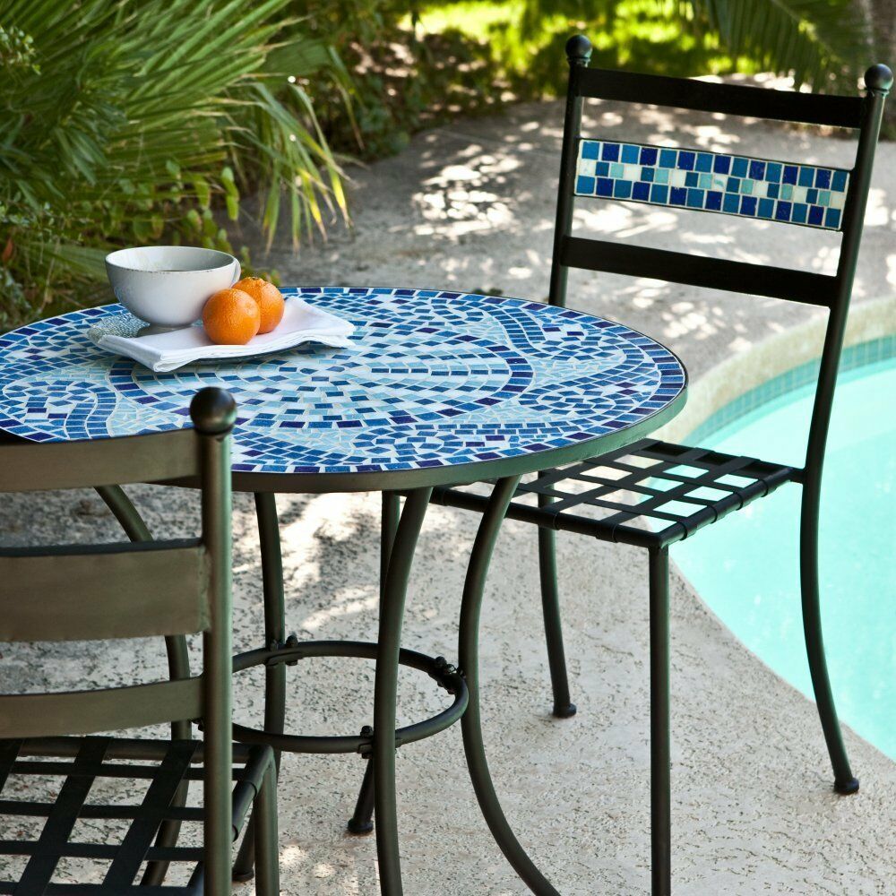 Ocean Waves Blue Mosaic Wrought Iron Small Space Patio Dining Set