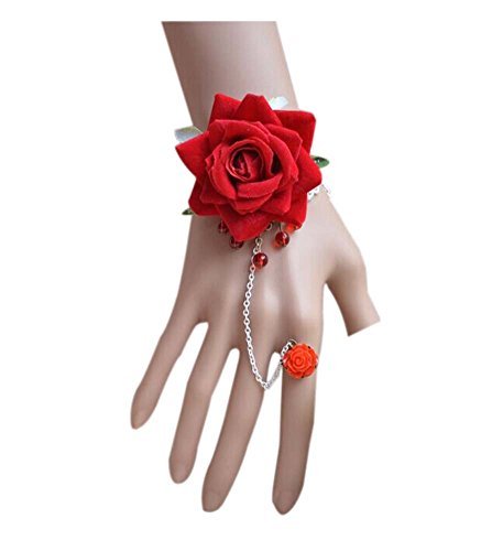 Red Rose Bridal Wrist Flower Lace Bracelets with Ring for Party