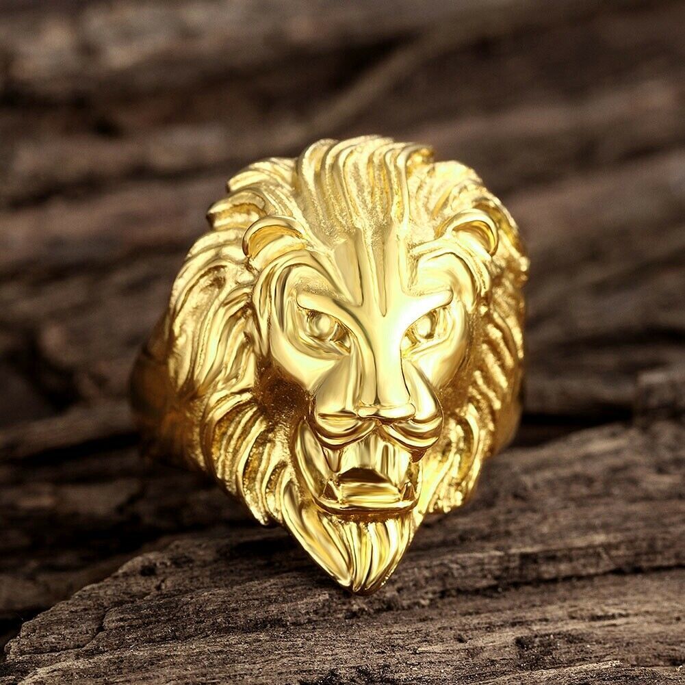 New Lions Head Lion King Gold Black Biker Mens Ring