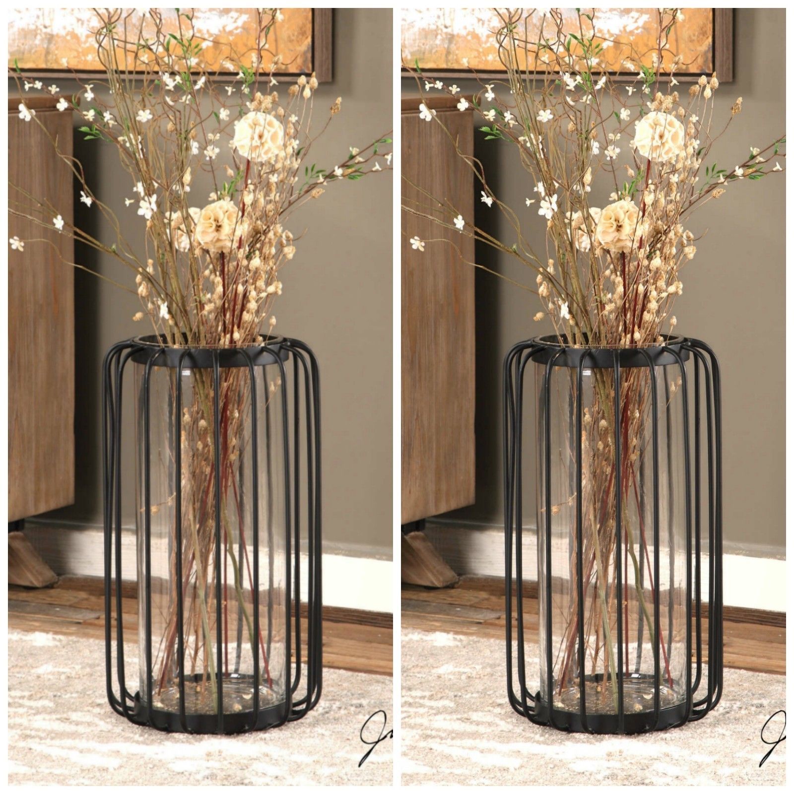 TWO NEW 20" AGED BLACK CAGE STYLE METAL FLOOR TABLE VASE GLASS INSERT