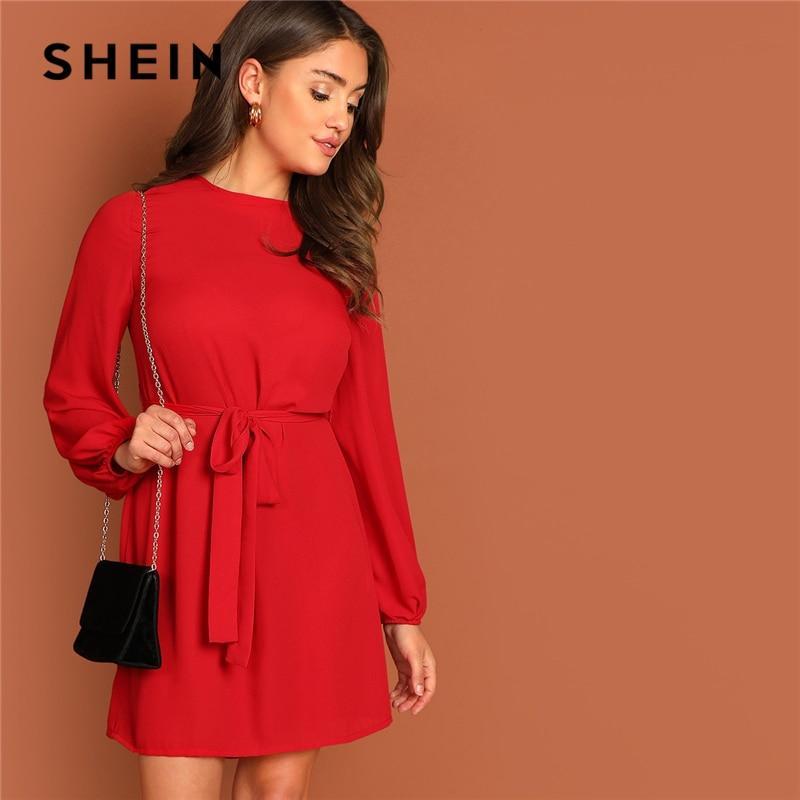 SHEIN Keyhole Back Waist Belted A Line Knot Plain Round Neck Dress ...