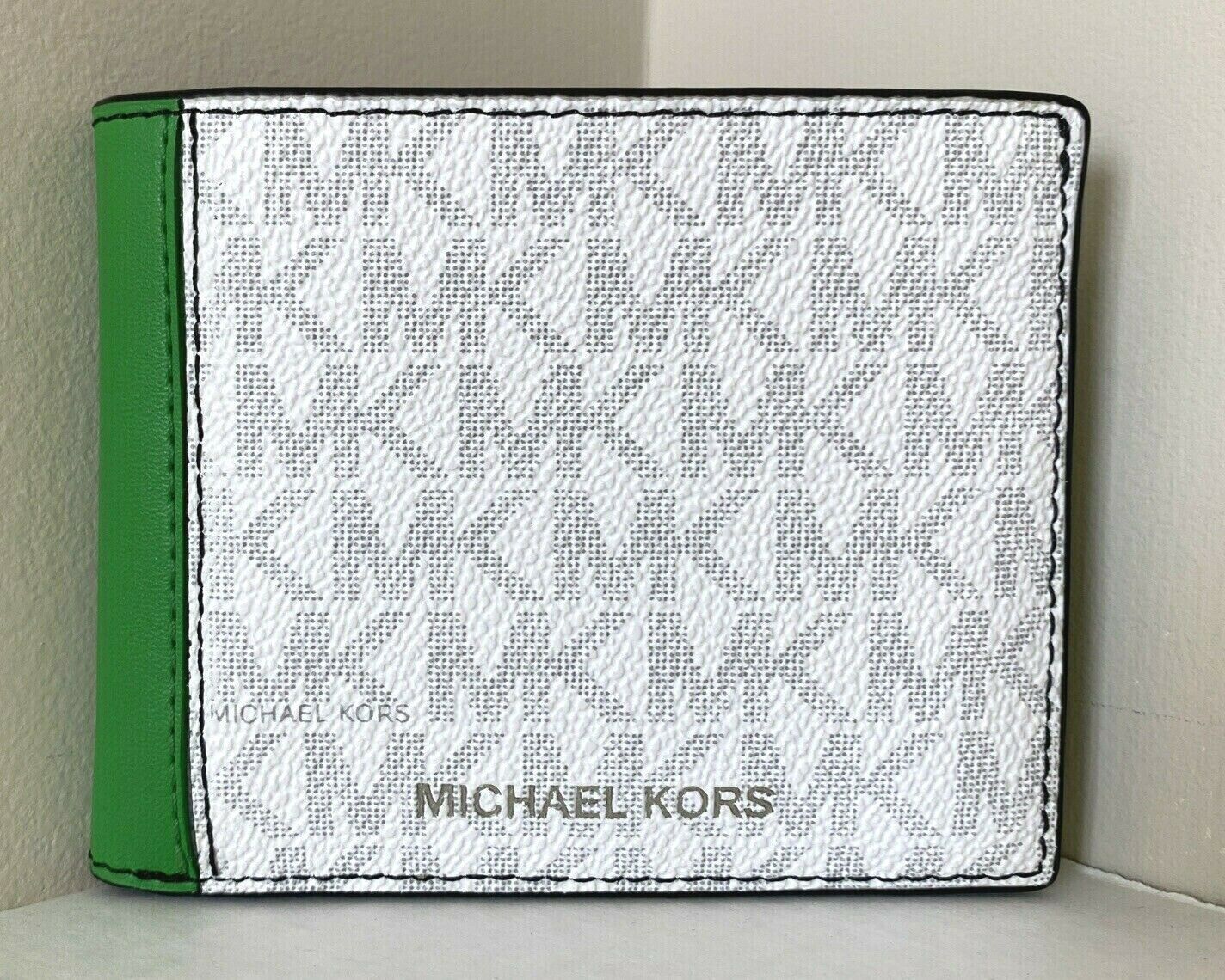 New Michael Kors Cooper Men's slim Billfold wallet Bright White / Palm Green