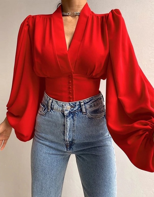New red sexy V neck long sleeve button down elegant women blouse feminine top