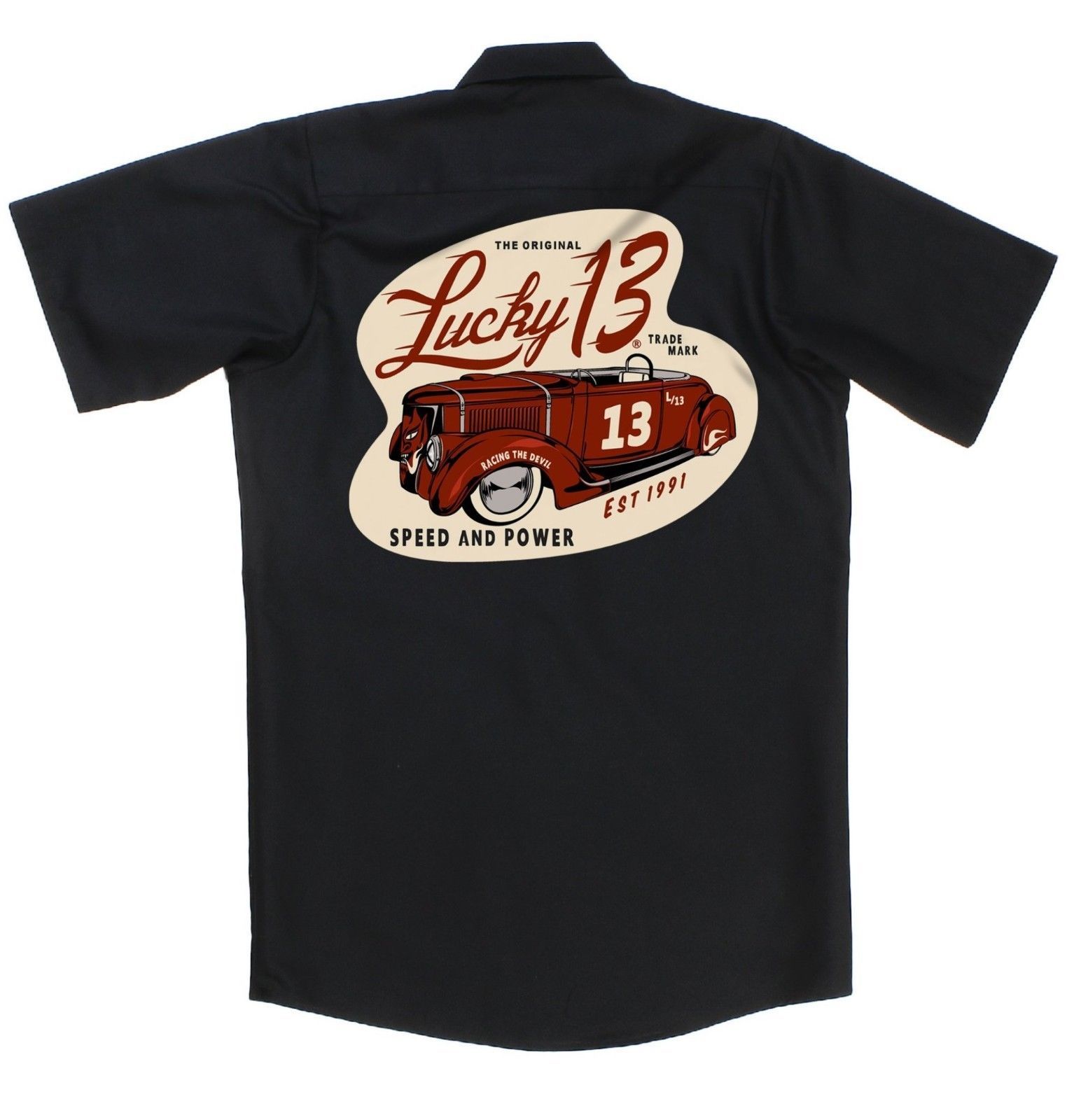 Lucky 13 Speed Devil Biker Hot Rod Cars Punk Button Down Work Shirt ...