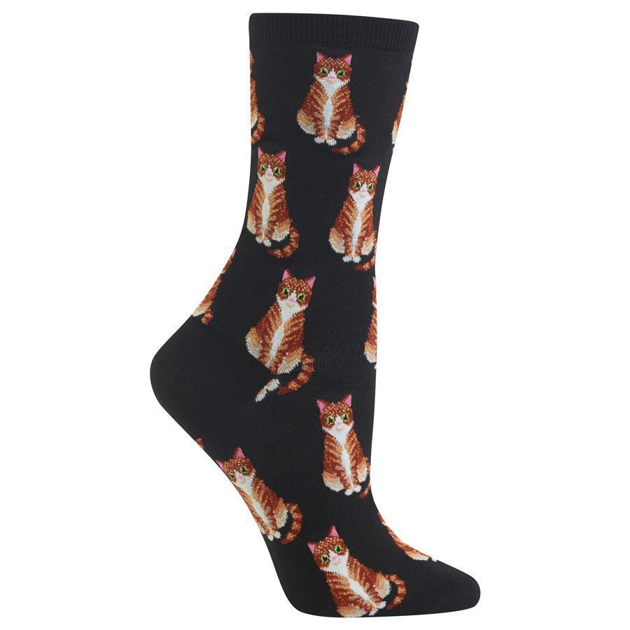 Image of Sitting Tabby Hot Sox Cat Crew Socks Black New Women's Hosiery Size -