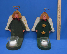 Pair Hand Made Wood Wooden Candle Holders Christmas Angels Shabby Green ... - $12.22