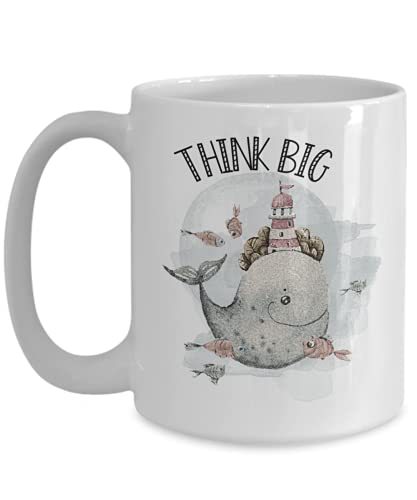 Mugs for Kids Cute Whale Think Big Inspirational White Ceramic Hot Chocolate Cup