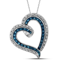 10k White Gold Round Blue Color Enhanced Diamond Outline Heart Pendant 1/5 - $199.00