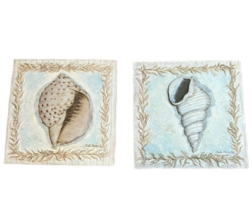 Primary image for SEA SHELL WALL PLAQUE Kate McRostie Beach House Decor 3D Set Of 2 Signed Art