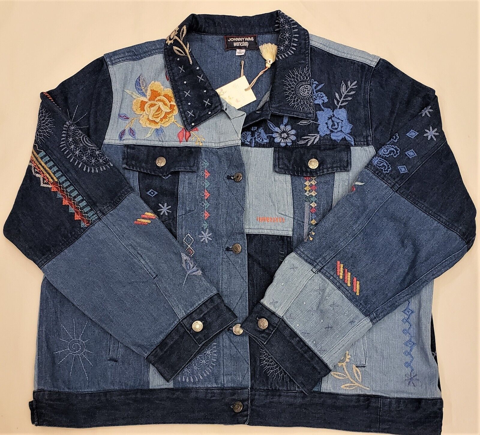 Johnny Was Taryn Embroidered Patchwork Denim Jacket Size M Denim Blue