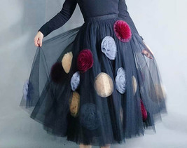 Women Black Midi Tulle Skirt with Flower Plus Size Ruffle Tutu Midi Skirt Outfit image 2