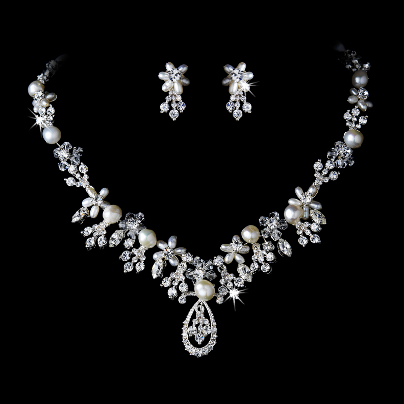 Silver Floral Swarovski Crystal and Pearl Necklace Set - Jewelry Sets