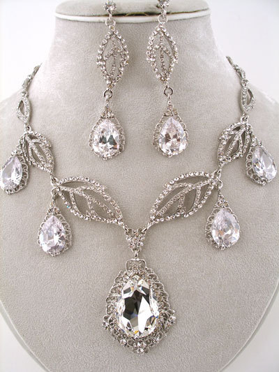 Silver Swarovski Crystal & CZ Bridal Necklace Set - Jewelry Sets