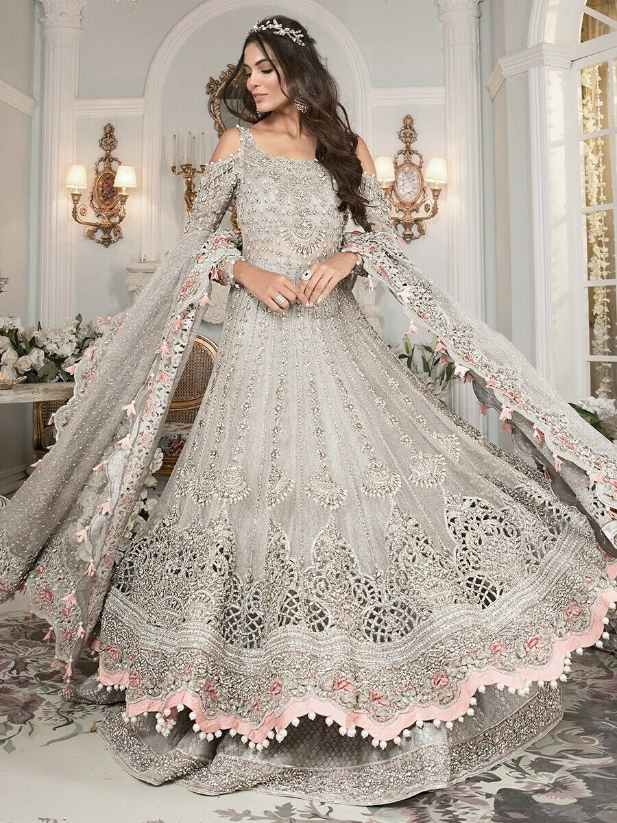 Original Maria B.Mbroidered Pakistani Indian Bridal Designer Dress Grey Silver
