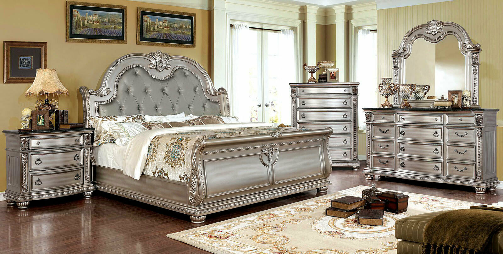 Traditional Champagne Pearl Bedroom Furniture - 5pcs Queen Sleigh Bed